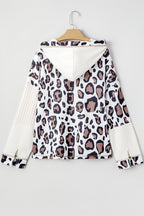 Apricot Leopard Mixed Texture Patchwork Zip Up Drop Shoulder Hoodie