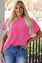 Bright Pink Plain Corded Knit Mock Neck T Shirt