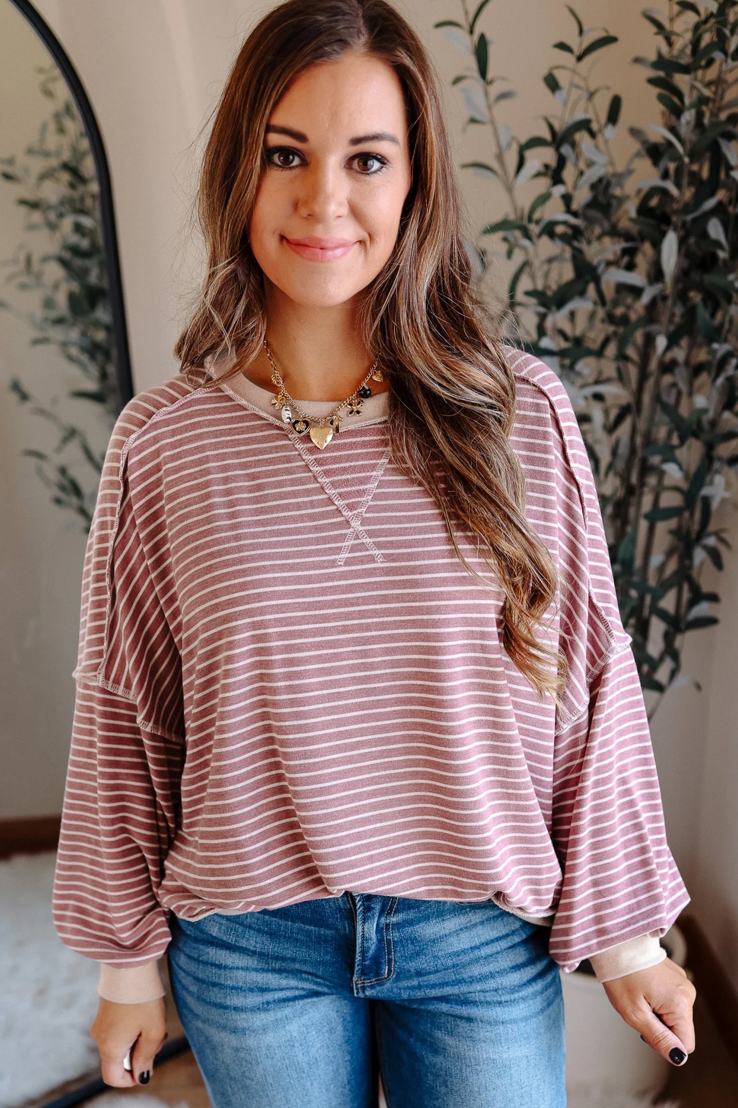 Pink Stripe Exposed Stitching Patchwork Casual Long Sleeve Top