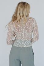 White Sheer Floral Lace Long Sleeve Slim Fit Top