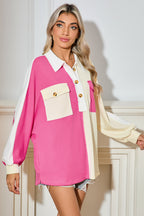 Gray Colorblock Patchwork Ribbed Oversized Henley Sweatshirt