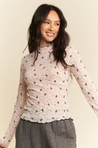 Davi & Dani Ribbon Bow Lace Hem Long Sleeve Mesh Layering Top