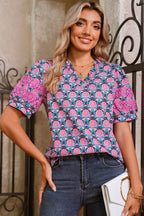 Sachet Pink Frill V-Neck Abstract Print Puff Sleeve Top