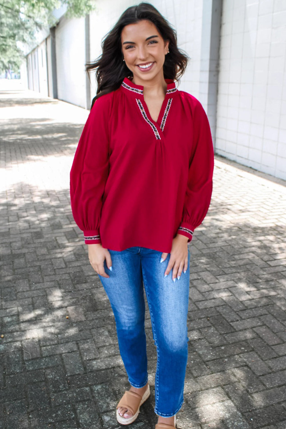 Racing Red Leopard Jacquard Print V Neck Textured Blouse