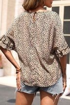 Perfee Leopard Print Flounce Sleeve Top
