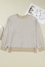 Brown Plus Size Stripe Ribbed Trim Drop Shoulder Long Sleeve Oversized Top