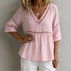 Women's V-Neck Hollow-Out Fringe Cotton-Linen Top