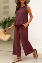 Duffel Green Solid Color Ribbed Ruffle Tank Top and Pants Set