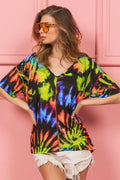 BiBi Tie Dye Print Jersey Stitched V Neck Top