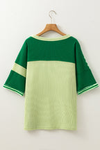 Mint Green Striped Patchwork Textured Colorblock 3/4 Sleeve Knit Top