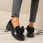 Women's Bowtie Round Toe Low Heel Pumps – Wide Size PU Casual Shoes