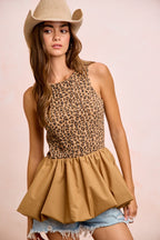 BiBi Rib Textured Leopard Sleeveless Bubble Peplum Top