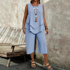 Casual Solid-Colored Sleeveless Top And Cropped Pants Two-Piece Set