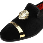 Elanroman Mens Size 9 Black Velvet Gold Slip On Low Heel Loafers Formal Shoes