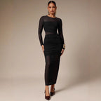 Womens Solid-Color Crew-Neck Mesh-Patchwork Bodycon Midi Skirt