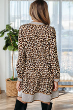 Brown Leopard Print Striped Patchwork 3/4 Sleeve Loose Mini Dress