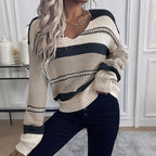 Women's French Vintage Striped Sweater | V-Neck Long Sleeve Stretch Knit