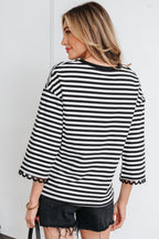 Sachet Pink Striped Print Drop Shoulder Lace Trim Bracelet Sleeve Loose Top