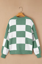 Dark Brown Plaid Bishop Sleeve Pullover Sweater