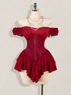 One-Shoulder Dress with a Fitted Waist And Back Tie, Features Puff Sleeves And a Stylish, Elegant Cake Skirt