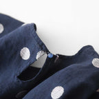 Artistic Retro Blue Polka-Dot Dress Crew-Neck Long-Sleeve French-Elegance Cotton-Linen Jumper Dress