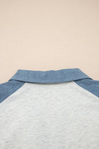 Beige Plus Size Contrast Denim Patchwork Cuffed Sleeve Polo Tee