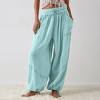 Women’s Solid Color Wide Leg Pants – Elastic Drawstring Waist and Side Pockets