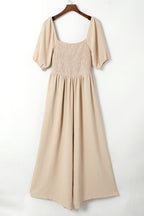 Apricot Short Bubble Sleeve Smocked Wide Leg Jumpsuit