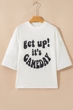 Beige GAME DAY Slogan Printed Half Sleeve Oversize T Shirt
