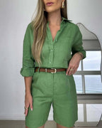 Women's Casual Long-Sleeve Shirt & Shorts Set – Cotton 2-Piece