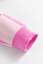 Pink Checkerboard Half Button Collared Drop Shoulder Sweater