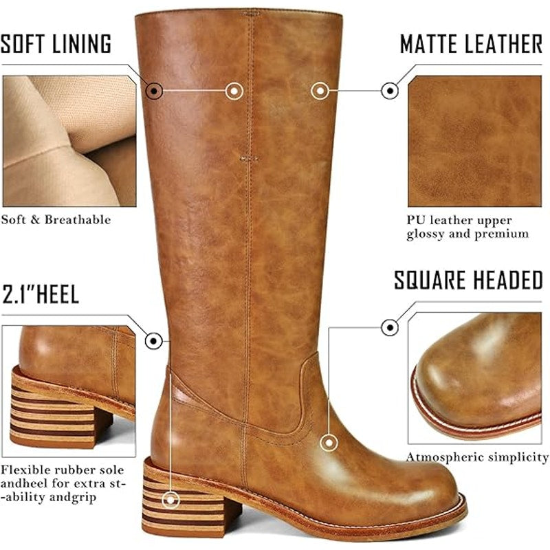 UBWDU Women Size 8 Light Brown Faux Leather 2" Low Heel Platform Knee High Boots