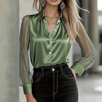 Women's Elegant Satin Blouse With Mesh Sleeves