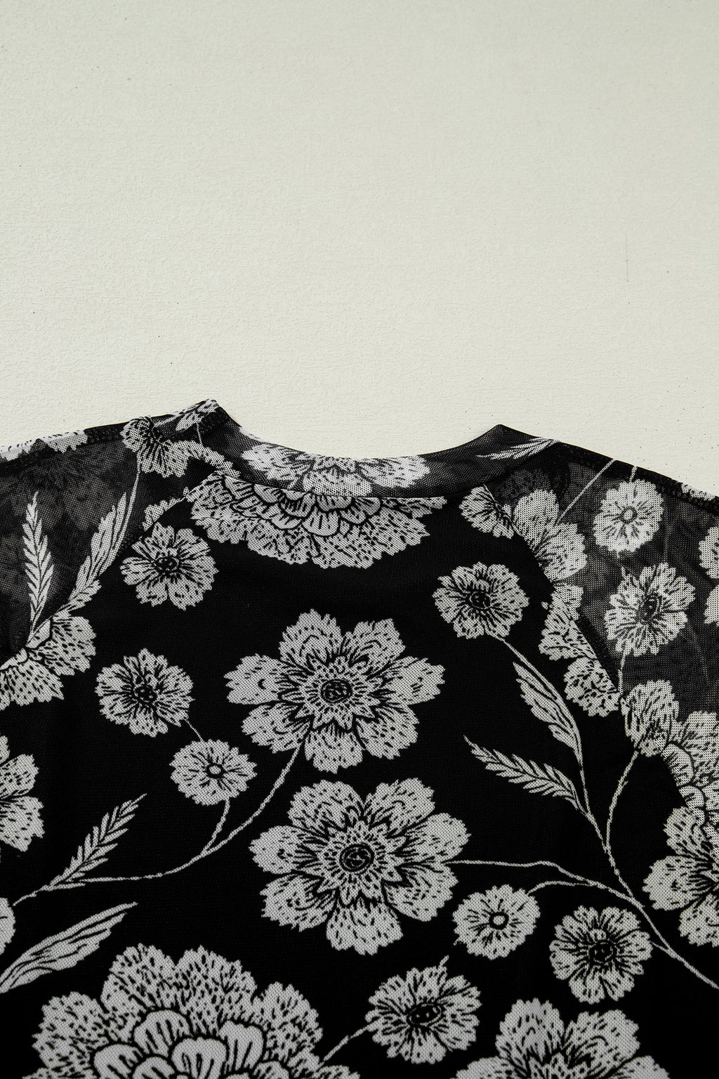 Brown Thumbhole Long Sleeve Floral Print Mesh Top