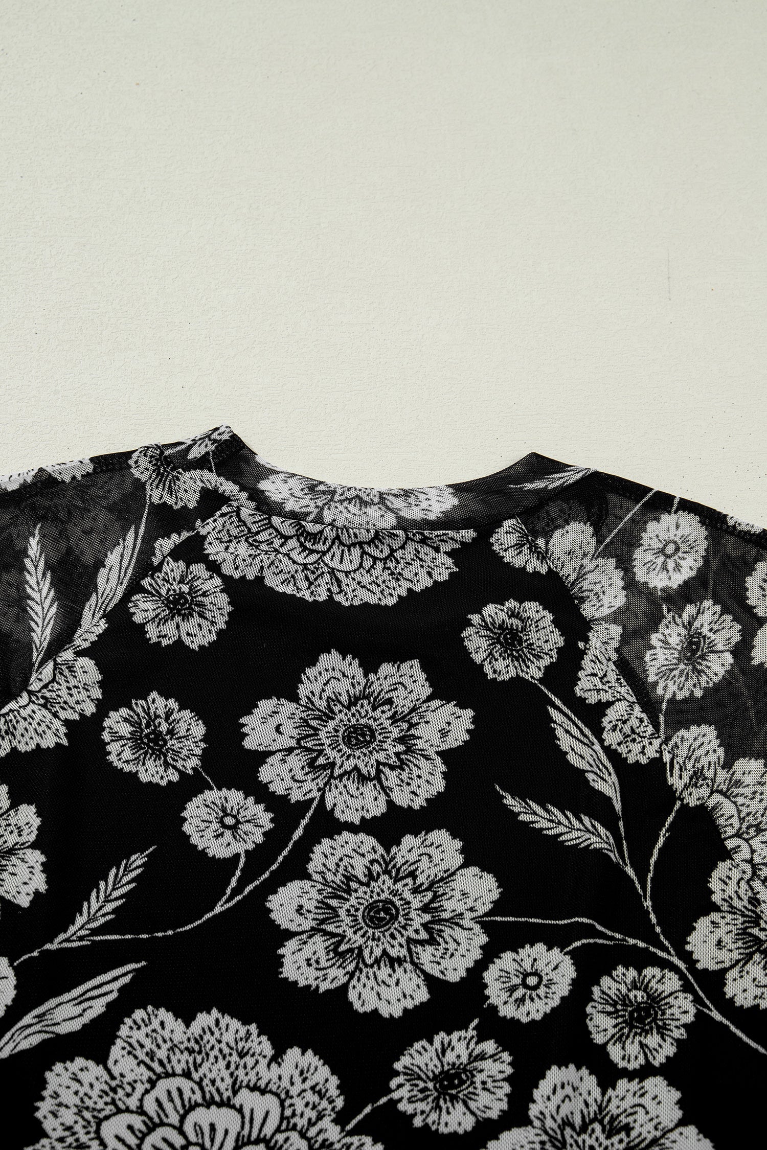 Brown Thumbhole Long Sleeve Floral Print Mesh Top