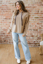 Dark Khaki Thermal Textured Leopard Drawstring Baggy Hoodie