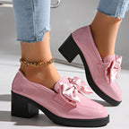 Women's Bowtie Round Toe Low Heel Pumps – Wide Size PU Casual Shoes