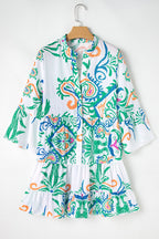 White Ethnic Print Boho Button Tiered Mini Dress