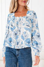 Sky Blue Floral Print Frilly Smocked Square Neck Long Sleeve Blouse