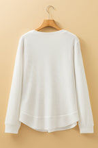 White Rounded Hem Waffle Plain Long Sleeve Top