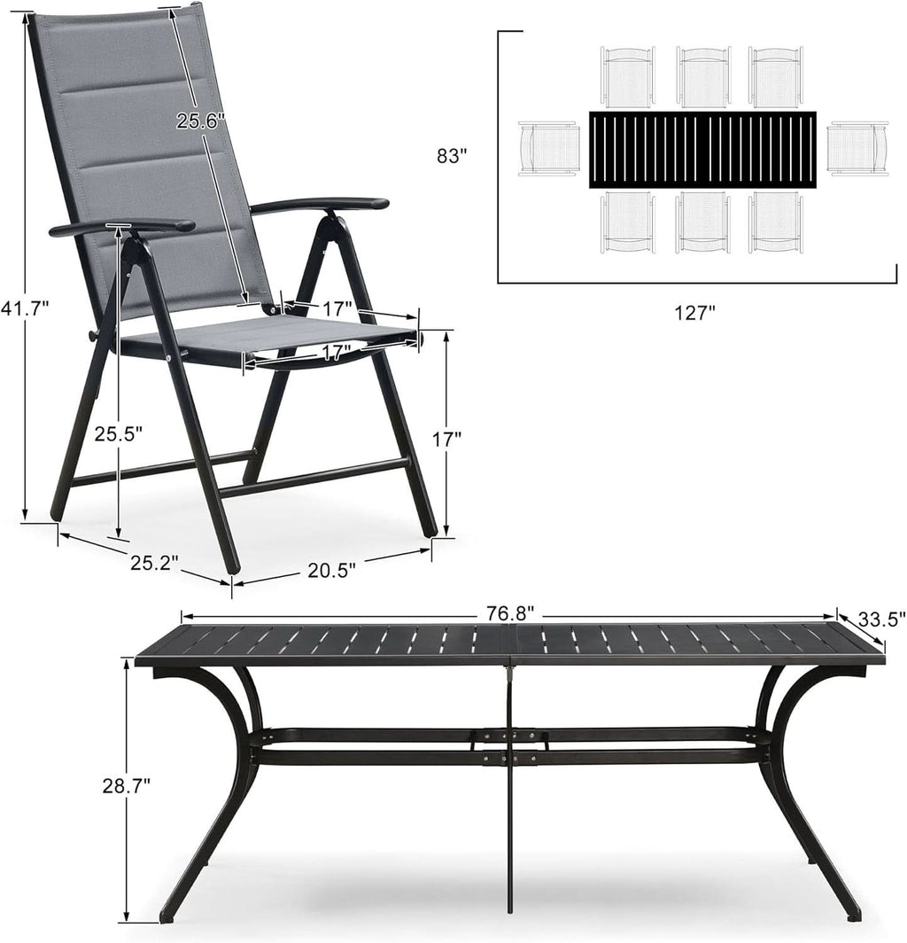 Grey 9 Piece Outdoor Patio Dining Set With 8 Folding Chairs And Aluminum Table