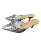Coutgo Womens Size 8 Silver Mirror Bow Tie Slide On 3.25" Heel Pointed Toe Shoes