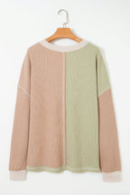 Green Plus Mixed Texture Color Block Patchwork V Neck Long Sleeve Top