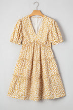 Yellow Floral Short Sleeve V Neck Frill Tiered Mini Dress