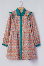 Orange Boho Floral Contrast Collared Shirt Mini Dress