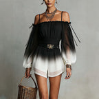 Off-Shoulder Ombre Puff-Sleeve Chiffon Jumpsuit with Belt