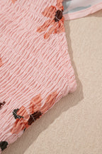Pink Floral V Neck Smocked High Waist Ruffle Hem Maxi Dress