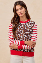 BiBi Leopard With Stripe Combo Buttoned Cardigan