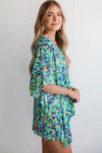 Pink Abstract Print V Neck Half Sleeve Loose Fit Tunic Blouse