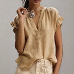 V-Neck Petal Sleeve Cotton-Linen Solid Top – 4 Colors, S–2XL